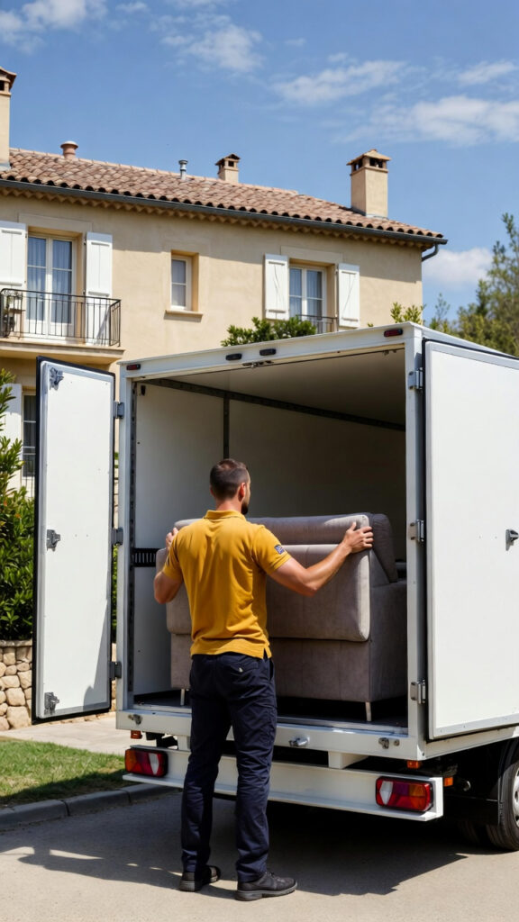 Chargement de meubles dans notre camion utilitaire lors du débarras d'une maison ou d'une villa près de Toulon.