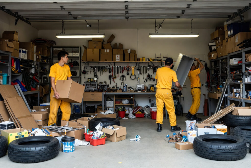 Équipe de professionnels vidant un garage encombré d'archives et de vieux objets dans le Var.