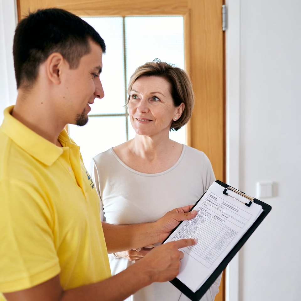 Expert en débarras présentant un devis gratuit à une cliente pour vider sa maison dans le Var.