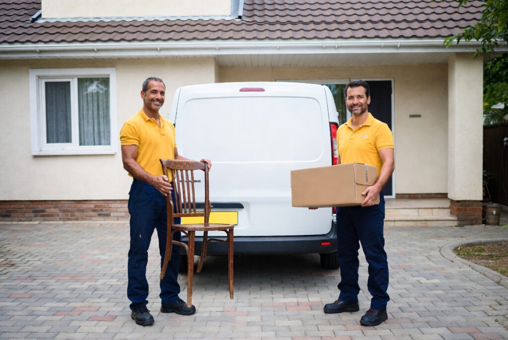 Équipe de l'entreprise Débarras Express Toulon portant un meuble devant un camion utilitaire dans le Var