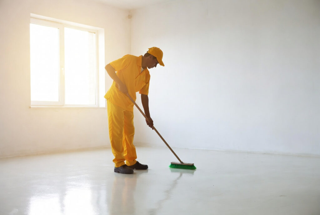 Employé réalisant le nettoyage complet et soigné d'un appartement après une intervention de débarras.