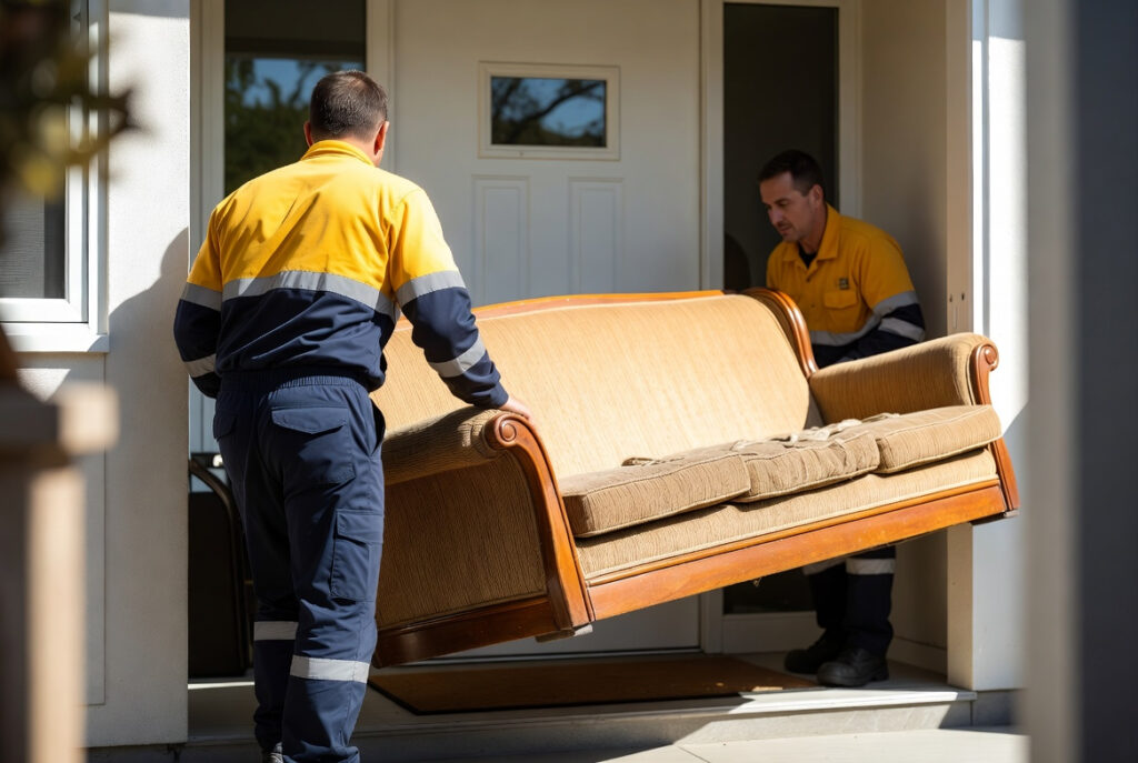 Manutentionnaires évacuant un canapé lourd lors d'un débarras de maison à Toulon.