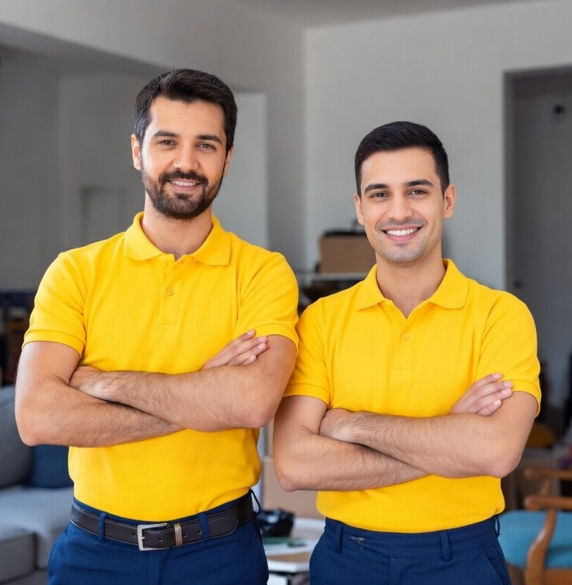 Deux experts en vide-maison et débarras souriants, prêts à intervenir à Toulon (83)